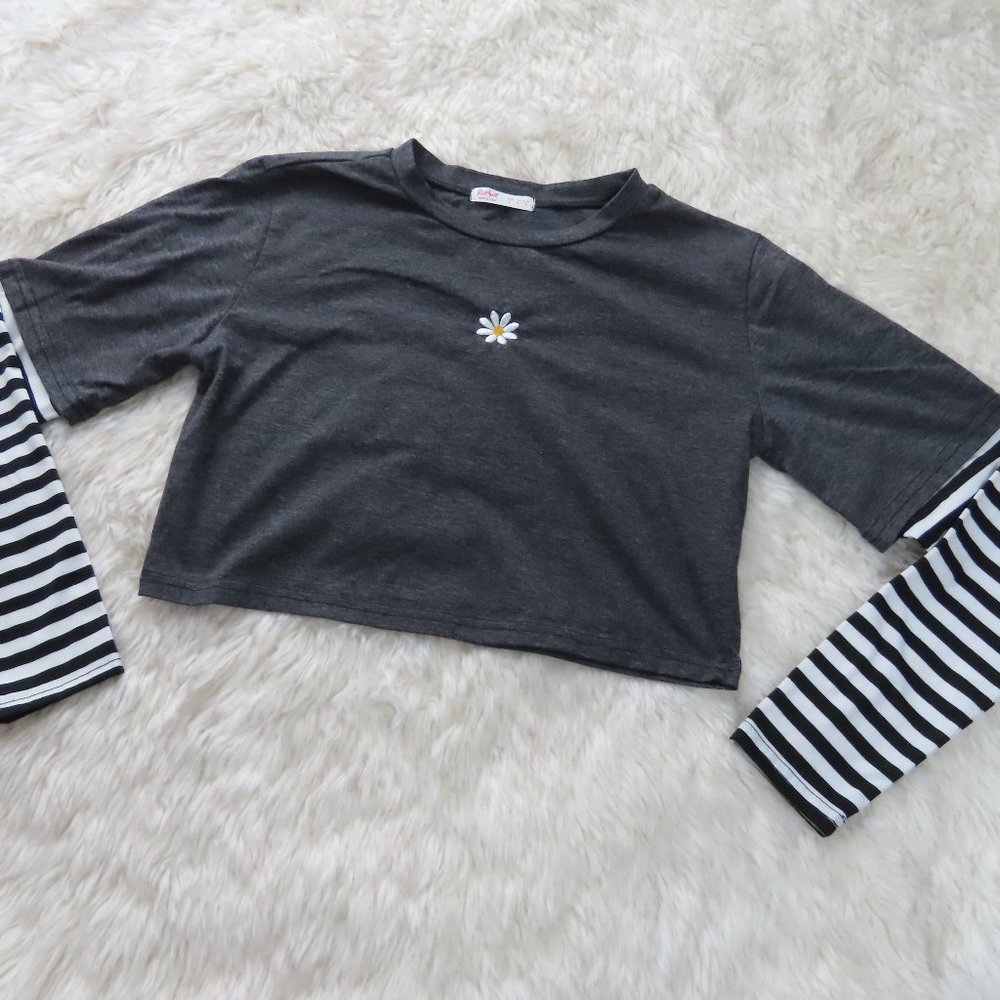 Romwe Layered Long Sleeve Gray Striped Crop Top